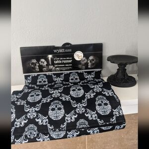 Halloween Black Damask Skulls Tabletop Mantle Runner Decor Witchy Gothic